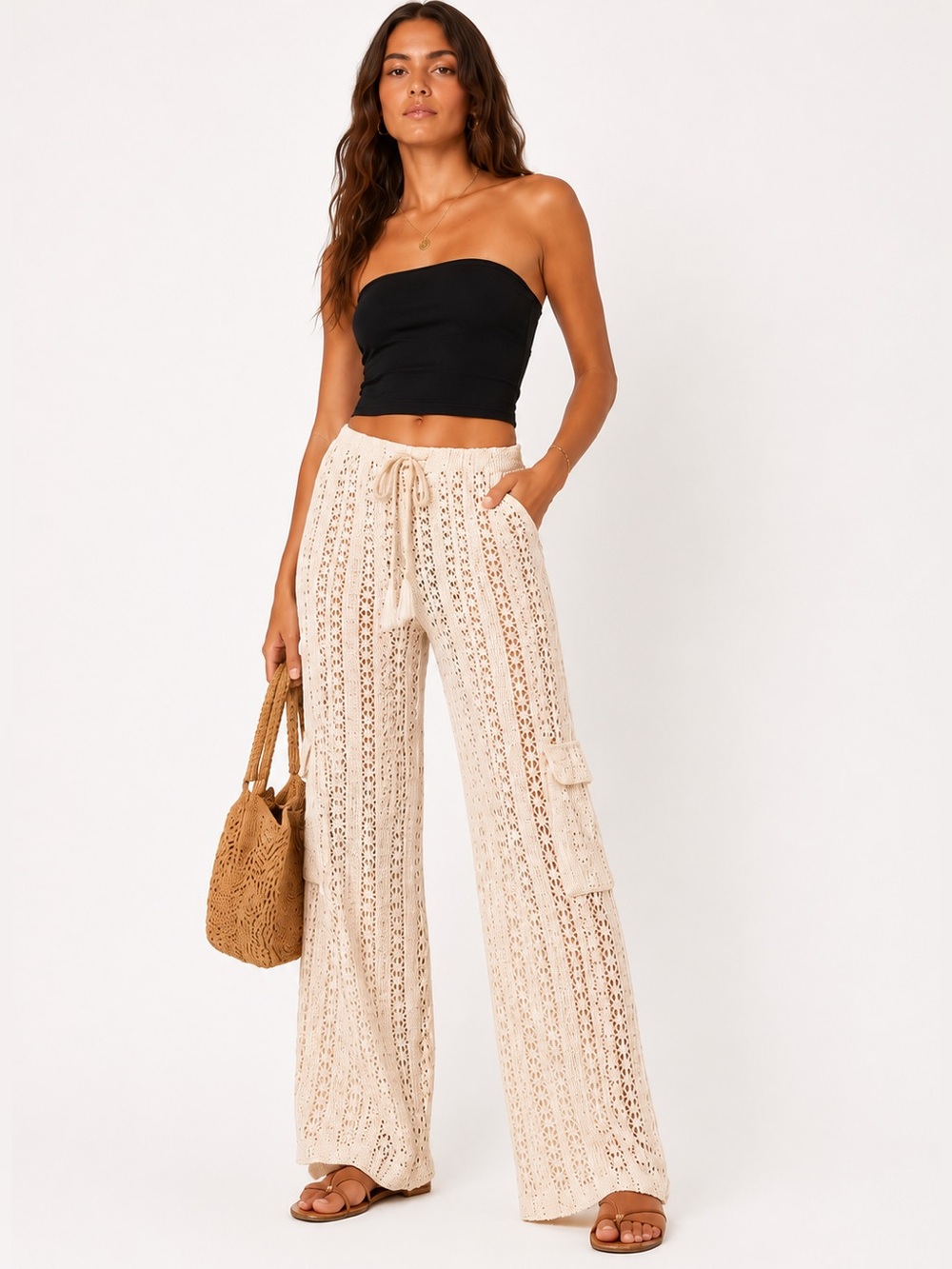 L Space Anthropologie Sundown Crochet Cargo Pants Cream Size S Nwt